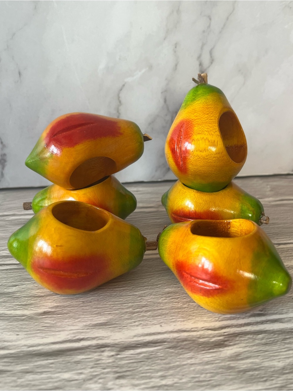 Carved Wooden Hand Painted Decorative Pear/Mango Fruit Napkin Rings